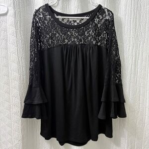 Miselon‎ Black Lace Long Sleeve Top 2XL Flounce Sleeve